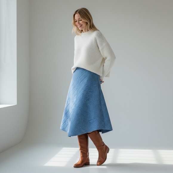 Vintage 70s Blue Quilted A-Line Skirt Handmade Medium fit Polka Dot Cute Retro - Picture 10 of 10